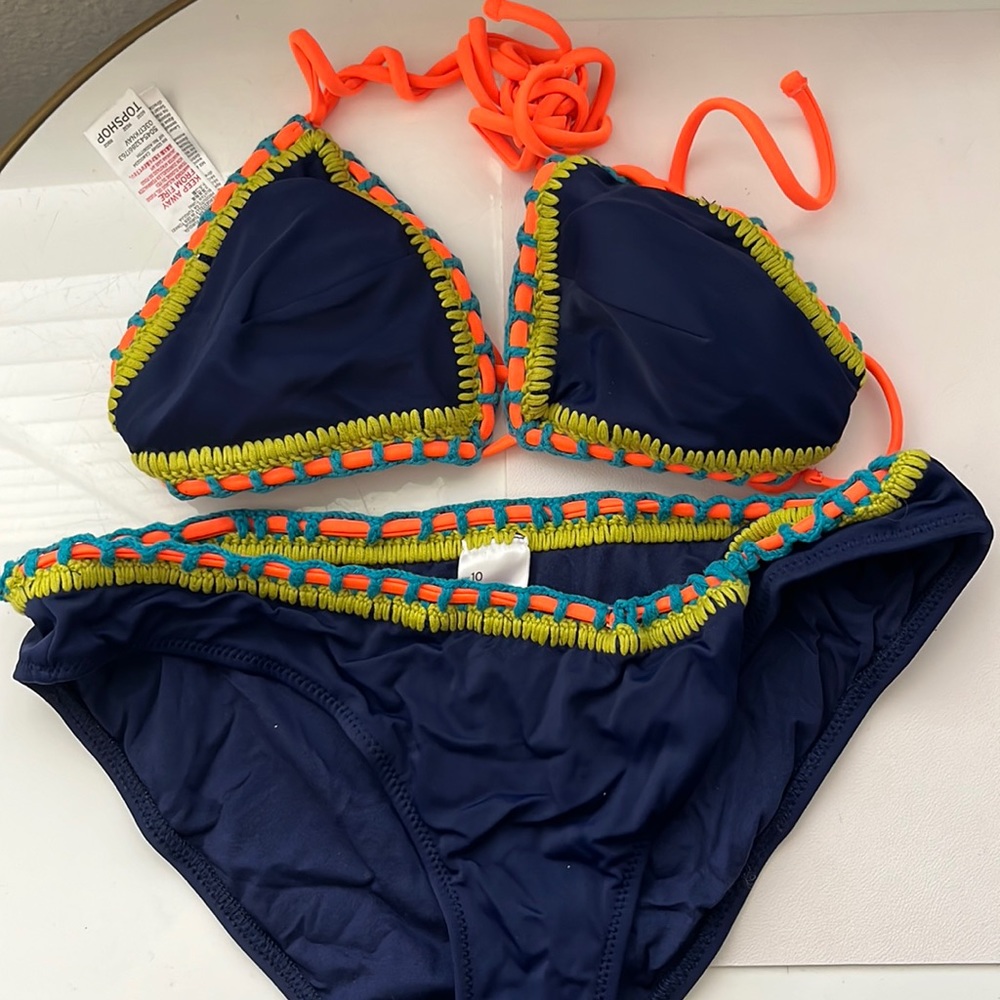 Topshop crochet bikini navy w/ orange & green trim